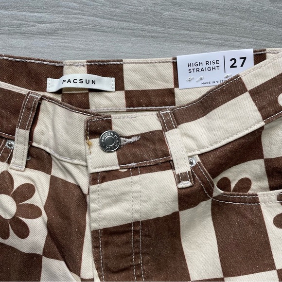 PACSUN NWT Eco Flower Checkerboard High Waisted Straight Leg Jeans-Sz 27 - Picture 7 of 12